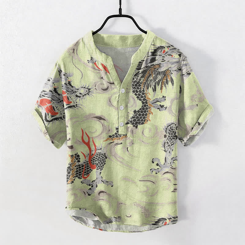 Buddha Stones Cotton Dragon Print Henley Men's Short Sleeve Half Button Shirt