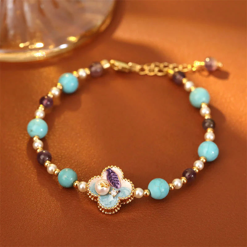 Buddha Stones Pearl Turquoise Beads Flower Design Copper Luck Chain Bracelet