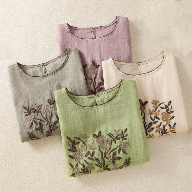 Buddha Stones Retro Embroidery Floral Three Quarter Sleeve Women's Cotton T-Shirt