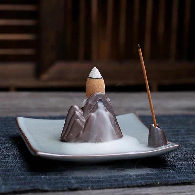 Buddha Stones Lotus Plum Blossom Square Ceramic Spiritual Backflow Incense Burner