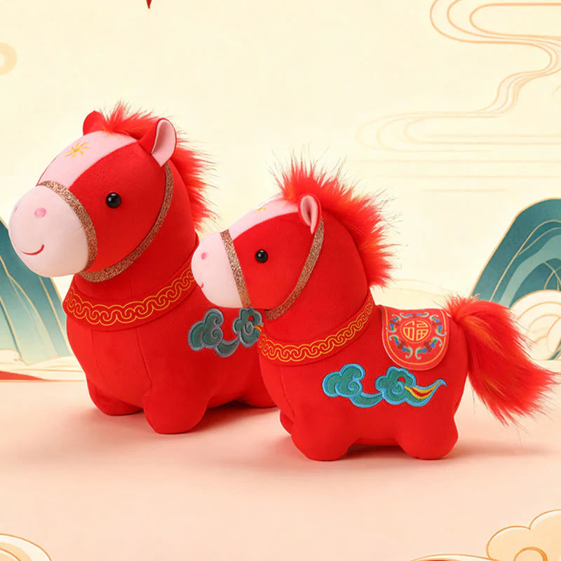 Buddha Stones Year Of The Horse Auspicious Cloud Pattern Stuffed Red Pony Plush Doll Home Decoration