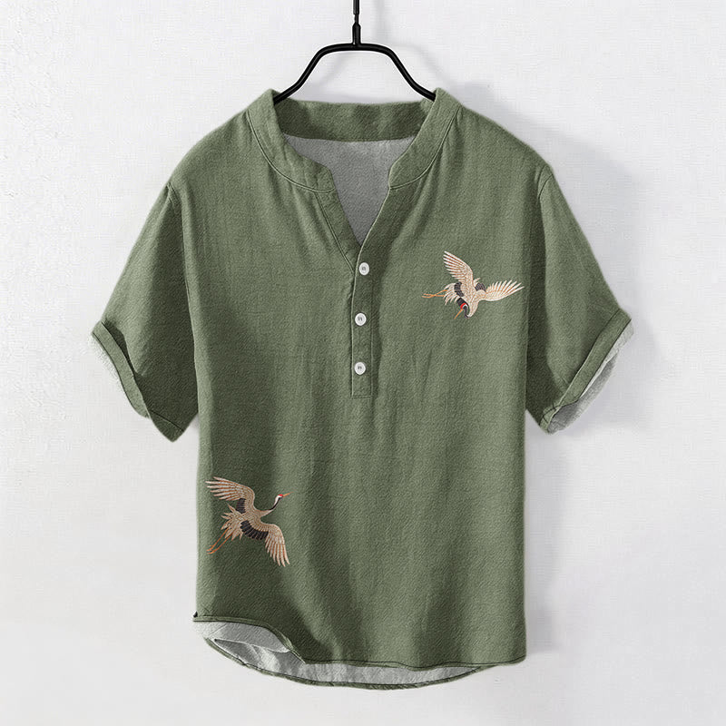 Buddha Stones Cotton Simple Crane Red Sun Pine Pattern Men's Short Sleeve Half Button Shirt