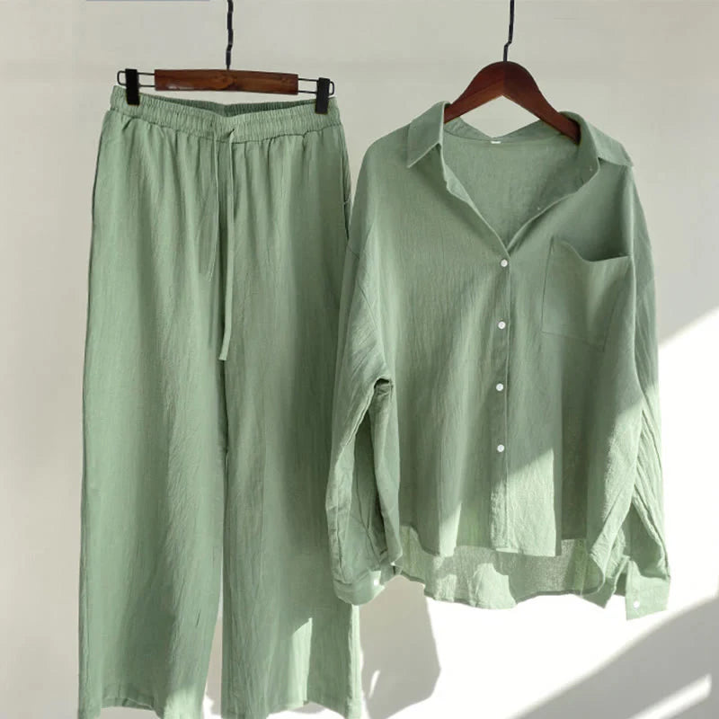 Buddha Stones 2Pcs Long Sleeve Shirt Top With Pockets Drawstring Pants Meditation Cotton Clothing Women's Set