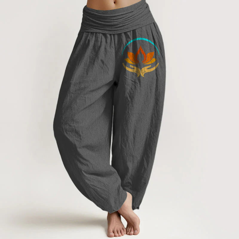 Buddha Stones Lotus Buddha Symbol Pattern Elastic Waist Women's Harem Pure Cotton Pants