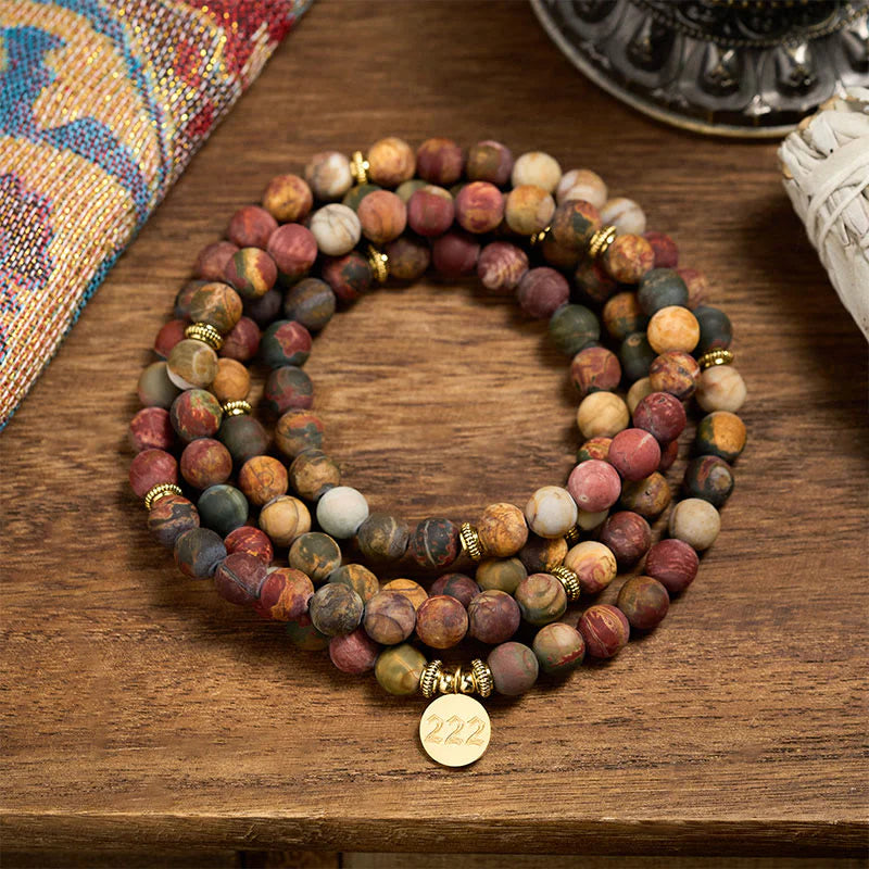 Buddha Stones 222 Angel Number 108 Mala Beads Picasso Jasper Stone Energy Mala