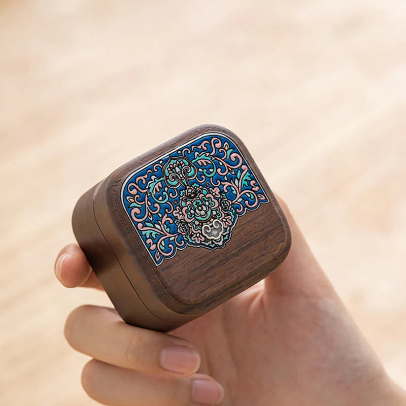 Buddha Stones Retro Handmade Black Walnut Wood Ring Jewelry Storage Box Leaf Wooden Gift Box