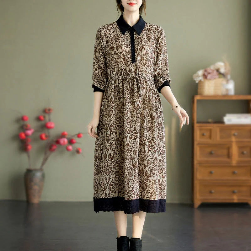 Buddha Stones Ethnic Printed Drawstring Long Sleeve Cotton Midi Dress With Pockets