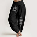 Buddha Stones Pure Cotton Minimalist Design Om Symbol Lotus Moon Pattern Women's Elastic Waist Harem Pants