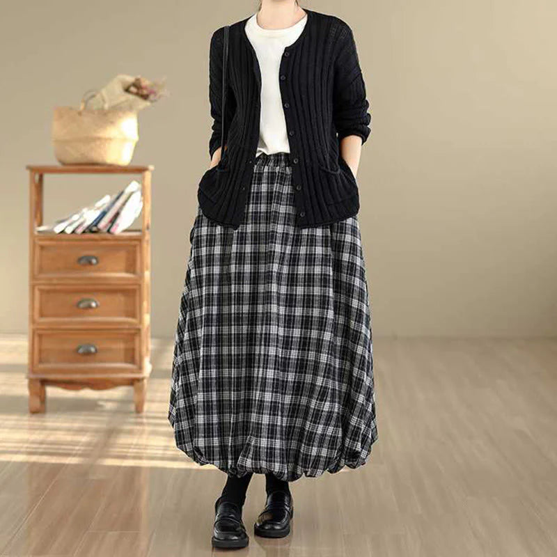 Buddha Stones Women's Plaid Pattern Cotton Skirt With Pockets