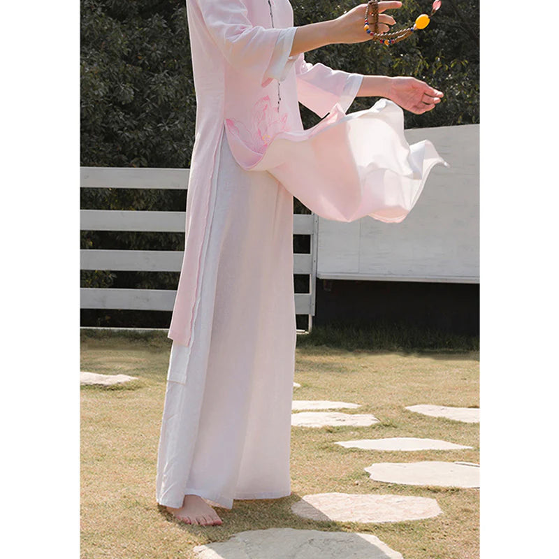Buddha Stones 2Pcs Lotus Pattern Tai Chi Meditation Yoga Cotton Linen Clothing Top Pants Women's Set  (Extra 30% Off | USE CODE: FS30)