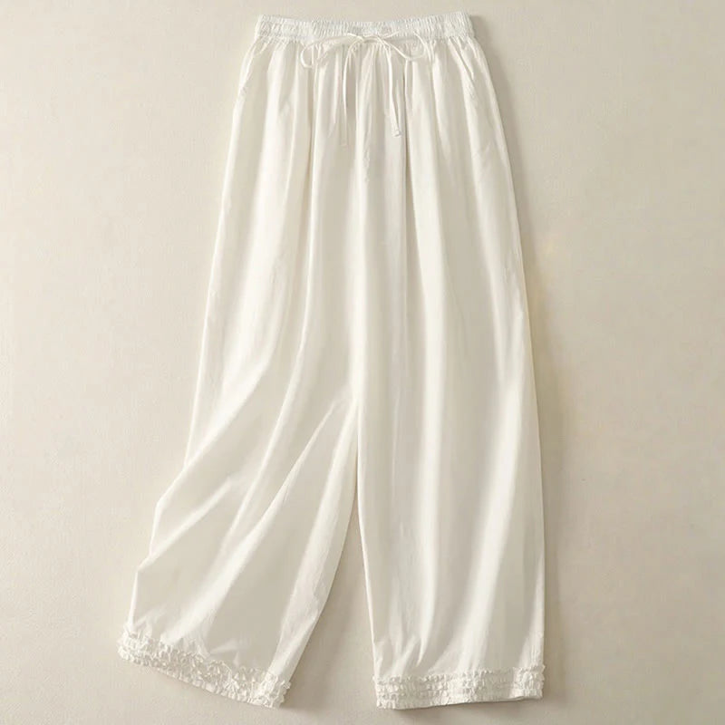 Buddha Stones Casual Ruffle Hem Patchwork Design Drawstring Ankle-length Women's Cotton Pants With Pockets