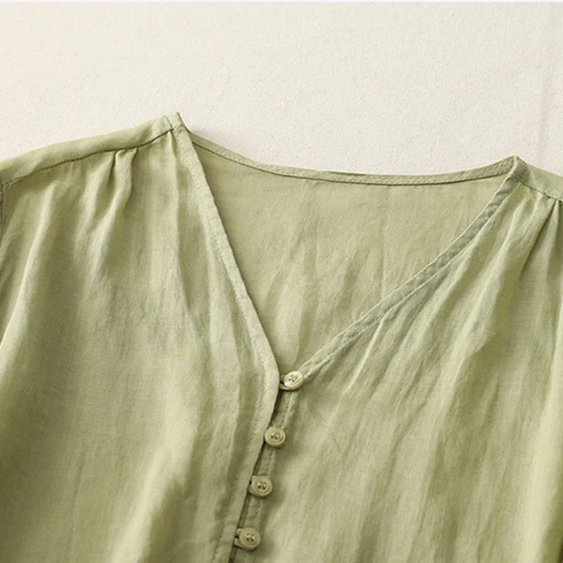 Buddha Stones Embroidery Button-down Women's Cotton Linen Shirt
