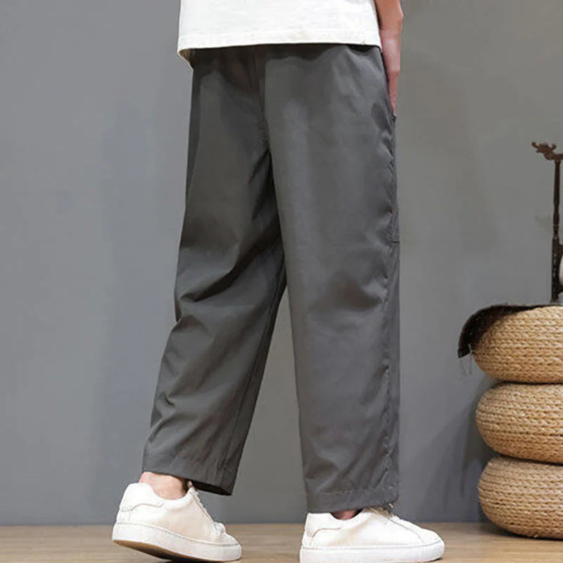 Buddha Stones Summer Solid Color Drawstring Straight Leg 7-8 Length Men's Pants With Pockets
