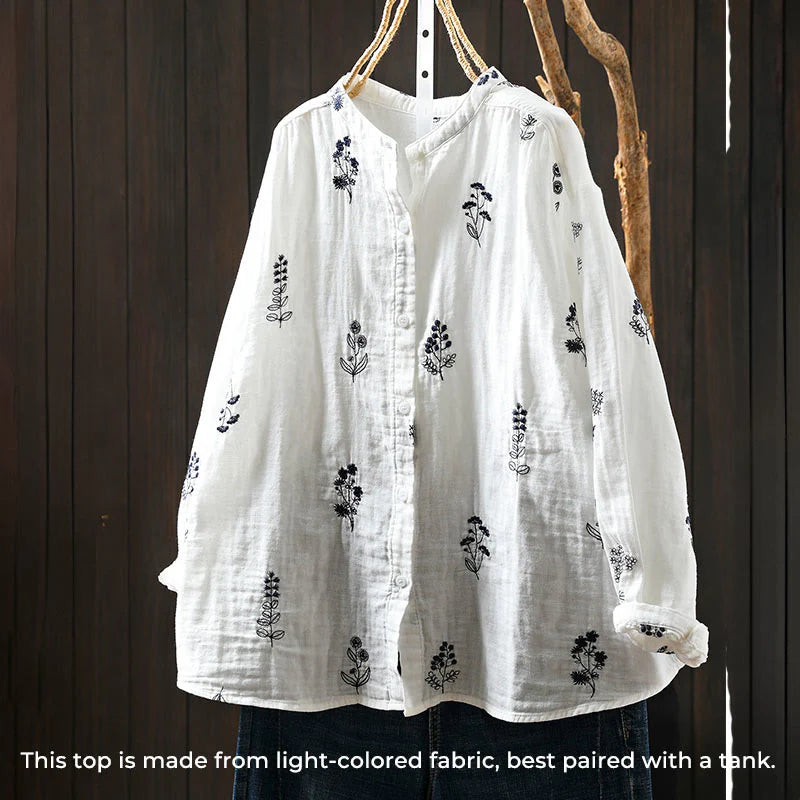 Buddha Stones Floral Embroidery Buttons Down Long Sleeve Women's Cotton Shirt