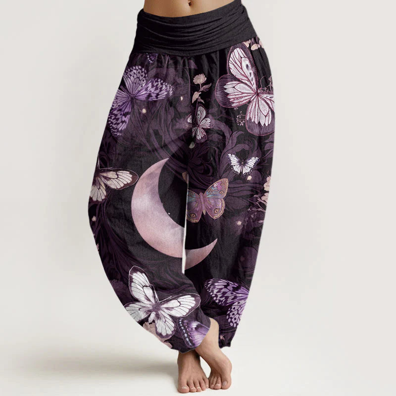 Buddha Stones Cotton Butterfly Flowers Crescent Moon Pattern Design Women's Elastic Waist Harem Pants