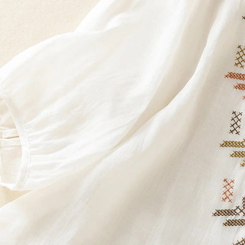 Buddha Stones Casual Artistic Embroidery Leaves Pattern Women's Cotton Linen Three Quarter Sleeve Shirt Cardigan