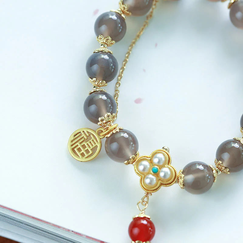 Buddha Stones Natural Gray Agate Fu Character Pearl Tassel Balance Bracelet