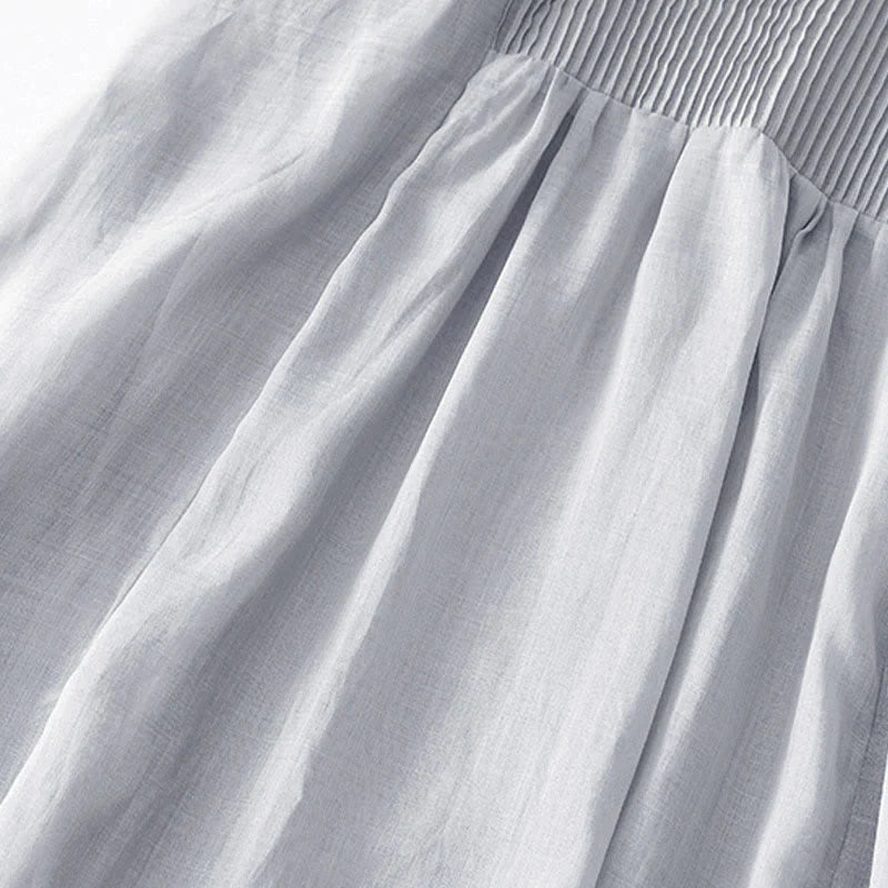 Buddha Stones Casual Accordion Pleat Plain V-neck Short Sleeve Cotton Midi Dress With Pockets