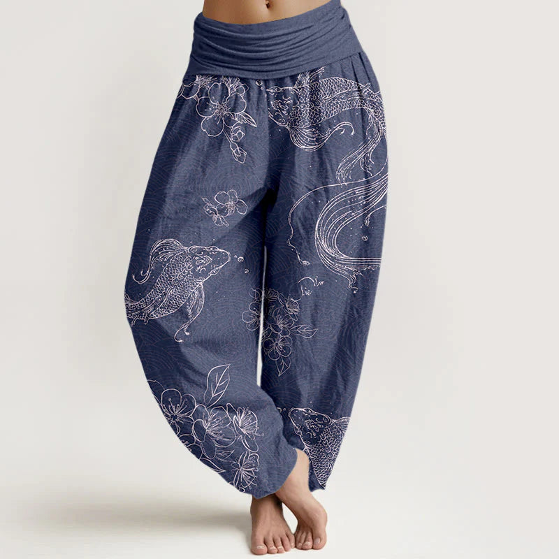 Buddha Stones Pure Cotton Exquisite Koi Fish Flowers Patterns Women's Elastic Waist Harem Pants
