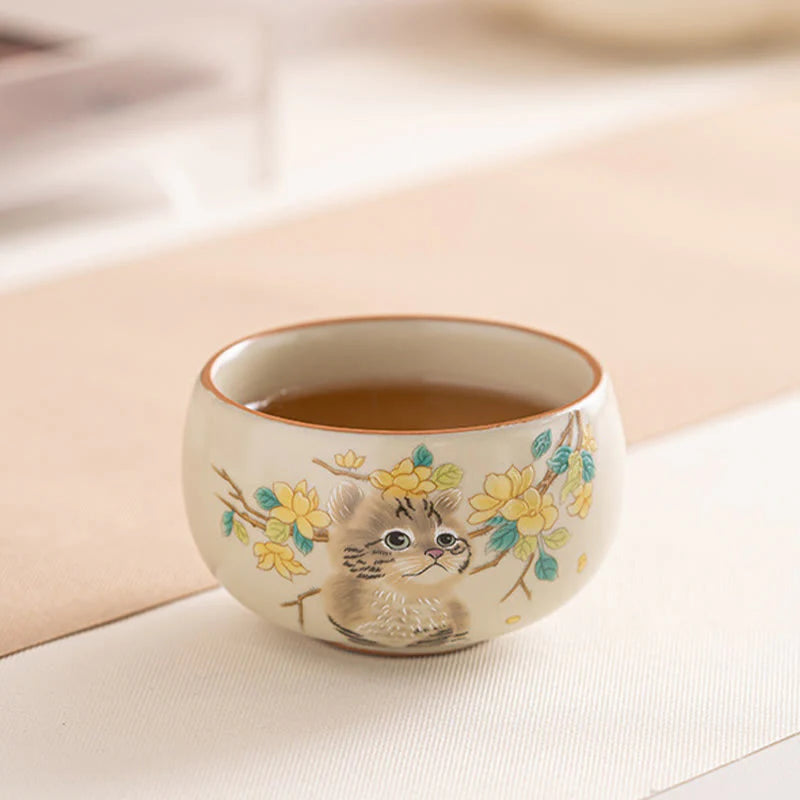 Buddha Stones Cute Cat Yellow Flowers Rabbit Teacup Kung Fu Tea Cup