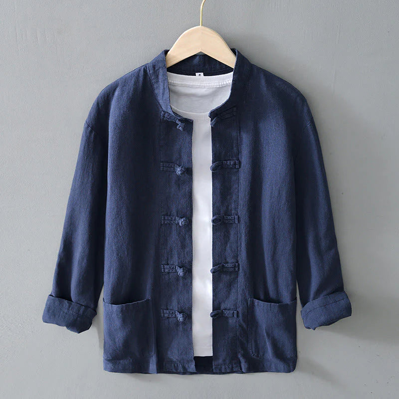 Buddha Stones Frog-Button Chinese Tang Suit Cotton Linen Men Jacket Shirt With Pockets