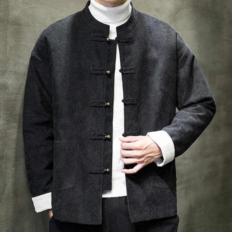 Buddha Stones Solid Color Frog-button Men's Jacket Shirt Clothing
