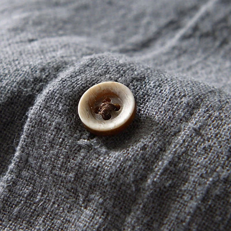 Buddha Stones Solid Color Men's Buttons Long Sleeve Cotton Linen Shirt With Pockets