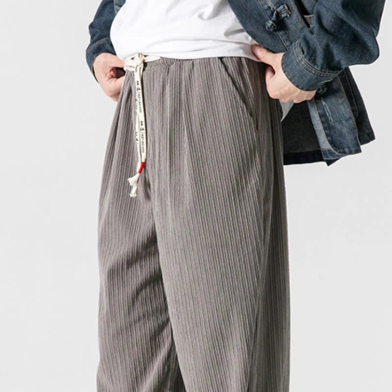 Buddha Stones Fall Winter Men's Pure Color Button Design Cotton Straight Leg Pants With Pockets