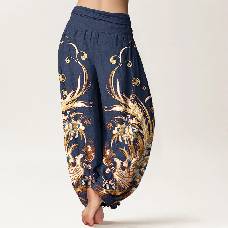 Buddha Stones Cotton Phoenix Butterfly Flower Pattern Women's Elastic Waist Harem Pants