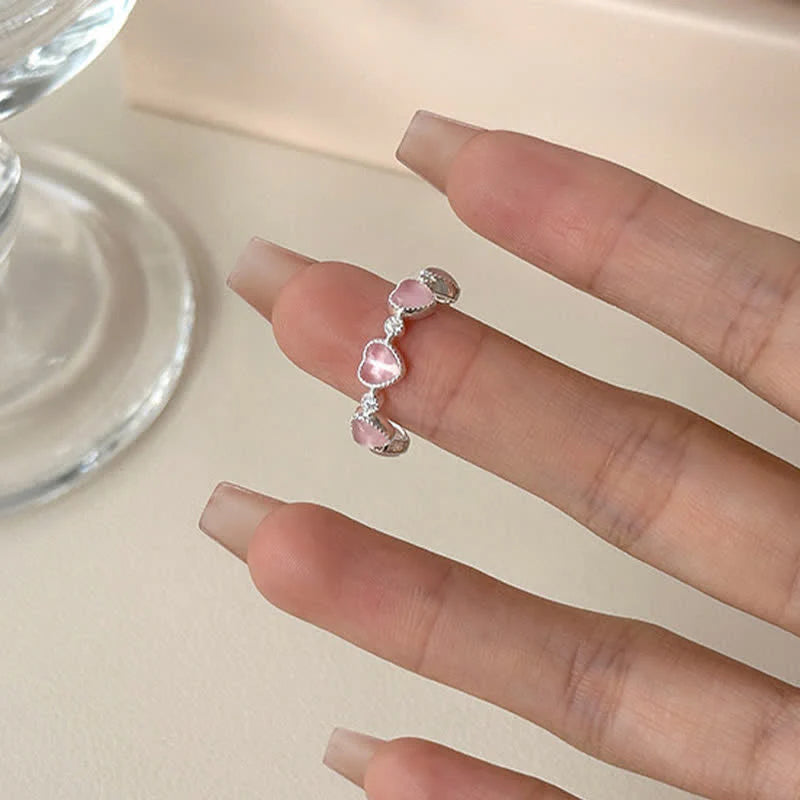 Buddha Stones 925 Sterling Silver Pink Cat's Eye Heart Design Adjustable Love Ring