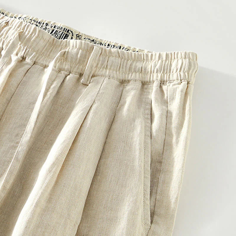 Buddha Stones Fall Solid Drawstring Elastic Waist Men's Linen Straight Leg Pants With Pockets