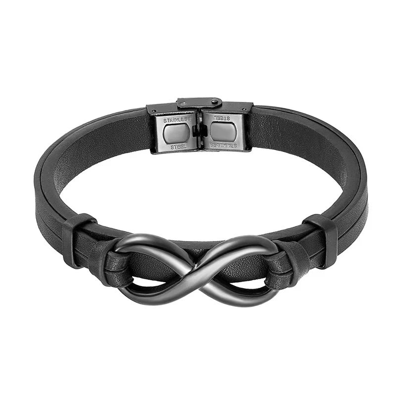 Buddha Stones Infinitely Design Titanium Steel Single Layer Leather Balance Bracelet