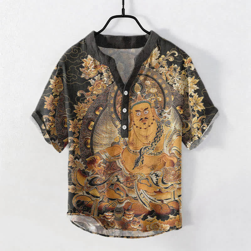 Buddha Stones Cotton Gold Buddha Floral Print Men's Short Sleeve Half Button Shirt