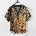 Buddha Stones Cotton Gold Buddha Floral Print Men's Short Sleeve Half Button Shirt