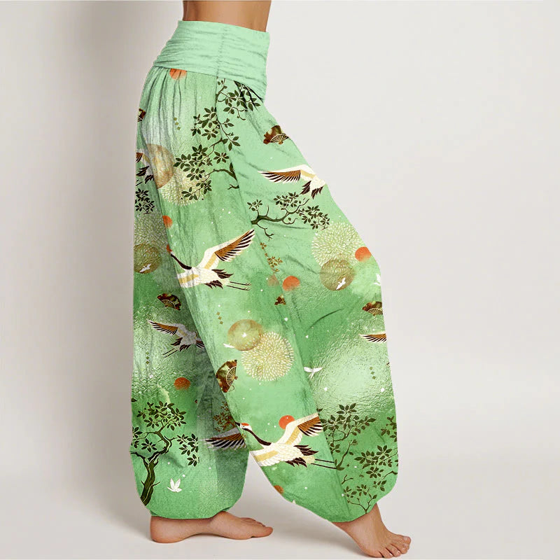 Buddha Stones Cotton Traditional Crane Pine Tree Bird Fan Sun Pattern Women's Elastic Waist Harem Pants