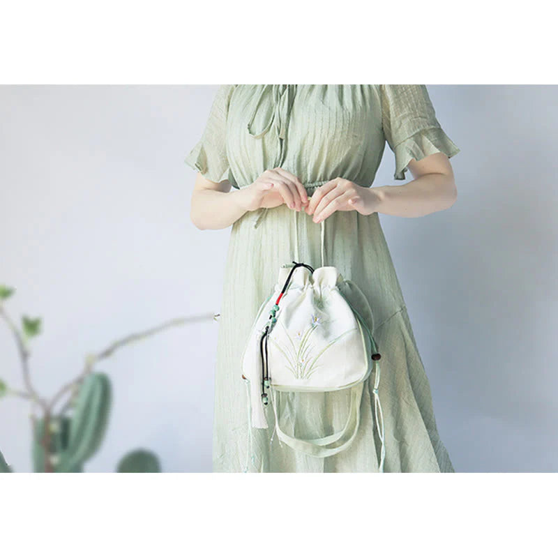 Buddha Stones Handmade Embroidered Flowers Canvas Tote Shoulder Bag Handbag