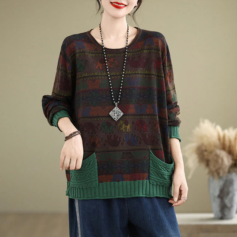 Buddha Stones Fall Elephant Pattern Knitted Cotton Women's Long Sleeve Sweater With Pockets