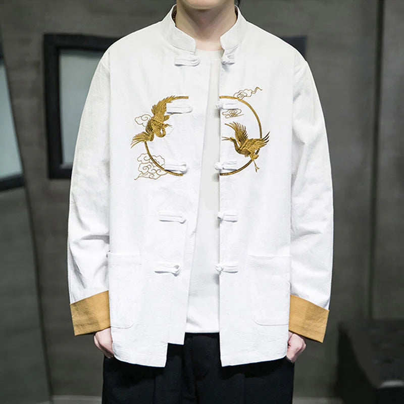 Buddha Stones Embroidery Cranes Pattern Frog-Button Men's Cotton Long Sleeve Jacket With Pockets