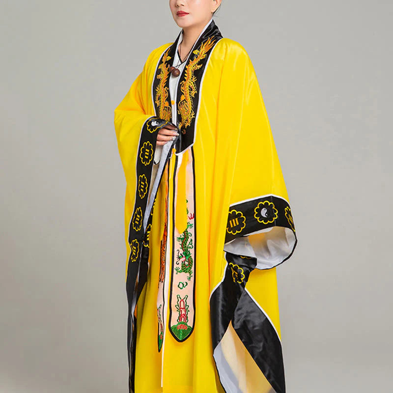 Buddha Stones Wudang Embroidery Dragon Tiger Long Wide Sleeve Unisex Taoist Robe Kimono For Qigong Ceremony