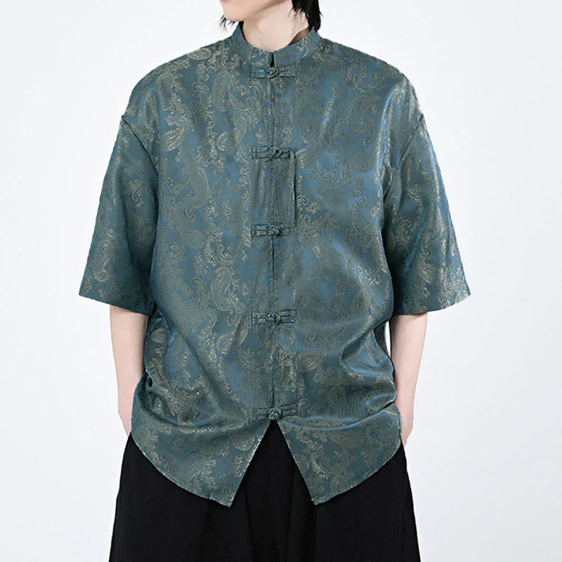Buddha Stones Summer Frog-Button Half Sleeve Vine Leaf Flower Pattern Men's Shirt