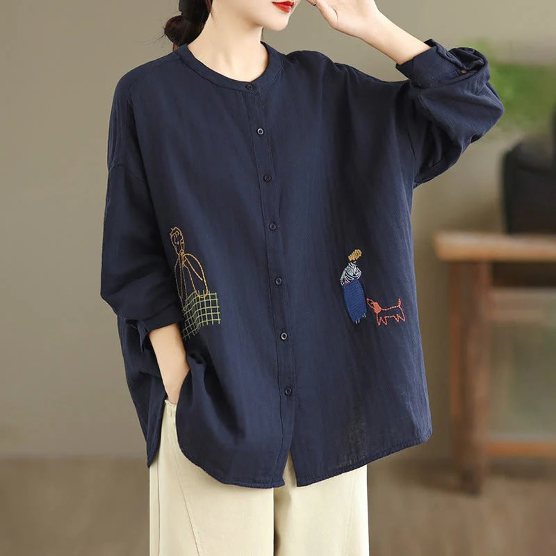 Buddha Stones Fall Embroidery Human Figure Dog Pattern Round Neck Buttons Women's Long Sleeve Shirt