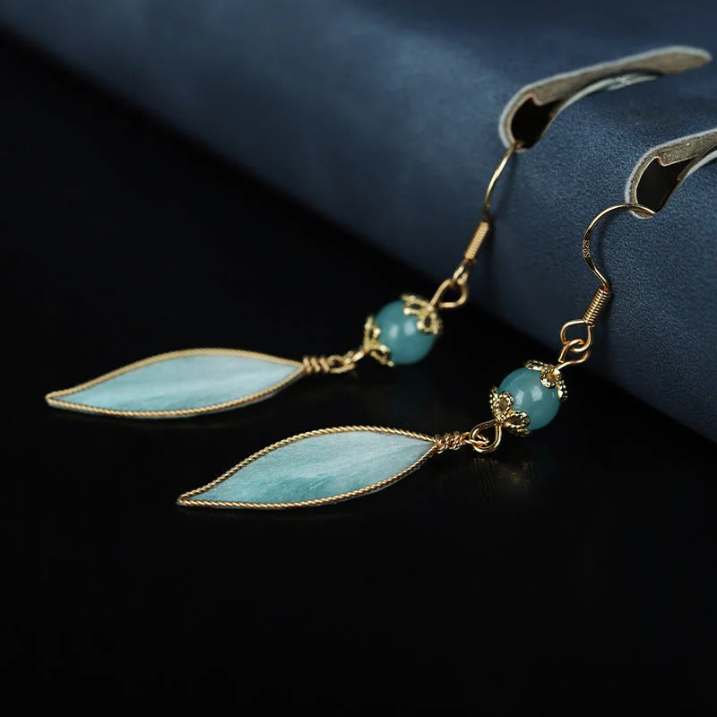 Buddha Stones Handmade Cyan Leaf Copper Plated Silver Hook Protection Drop Earrings