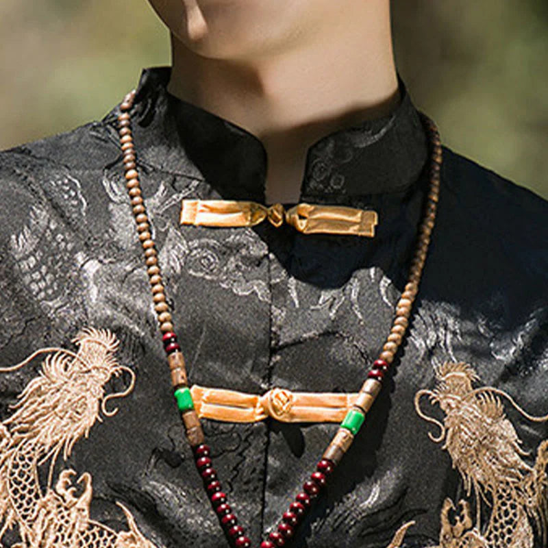 Buddha Stones Embroidered Dragon Pattern Colorblock Design Tang Suit Men's Frog-Button Half Sleeve Shirt