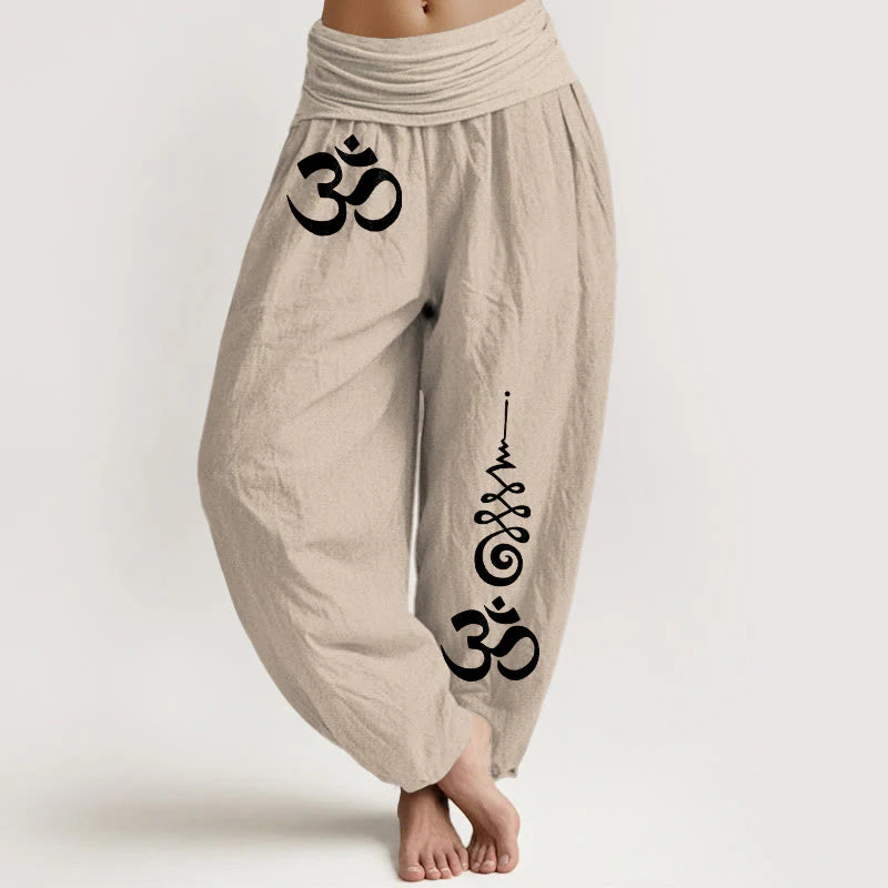 Buddha Stones Cotton Calm OM Energy Lines Pattern Women's Elastic Waist Harem Pants