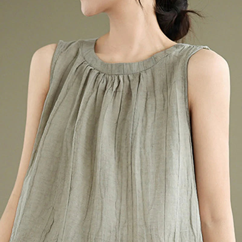 Buddha Stones Summer Wrinkles Simple Design Crew Neck Cotton Linen Women's Sleeveless Vest Waistcoat