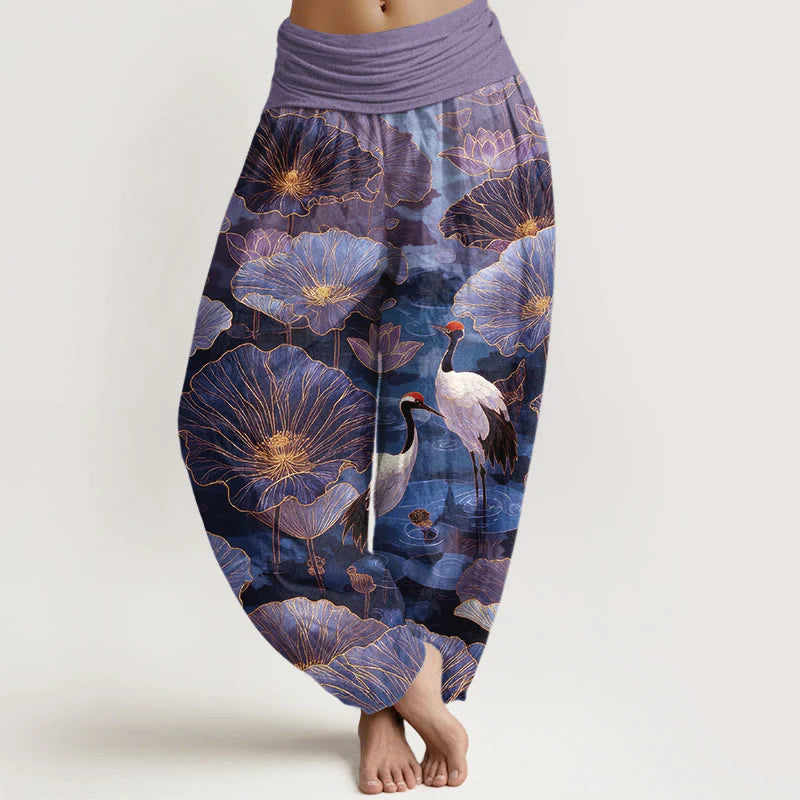 Buddha Stones Pure Cotton Elegant Crane Lotus Flower Leaf Pattern Women's Elastic Waist Harem Pants