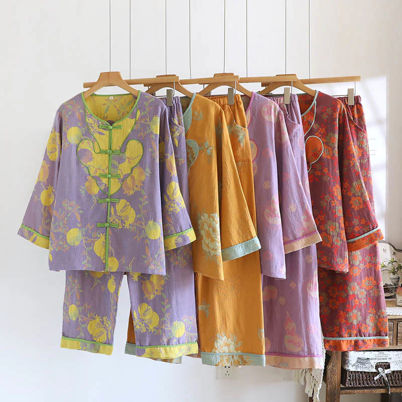 Buddha Stones 2pcs Frog-Button Printed Long Sleeve Cardigan Shirt Pants With Pockets Cotton Set