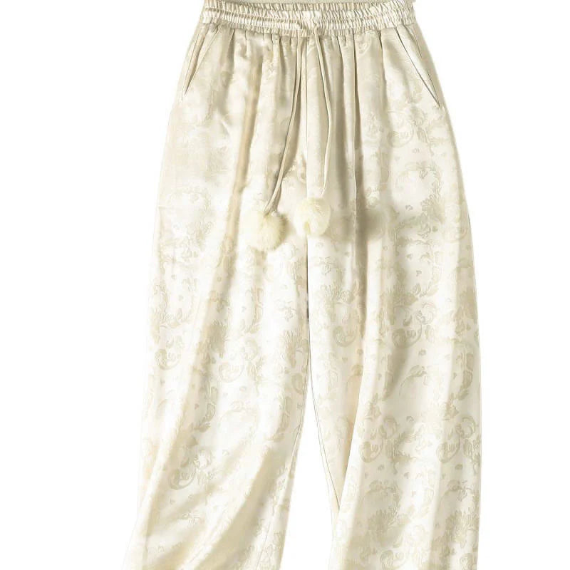Buddha Stones Jacquard High Waist Design Women's Wide Leg Thermal Thickened Pants With Pockets