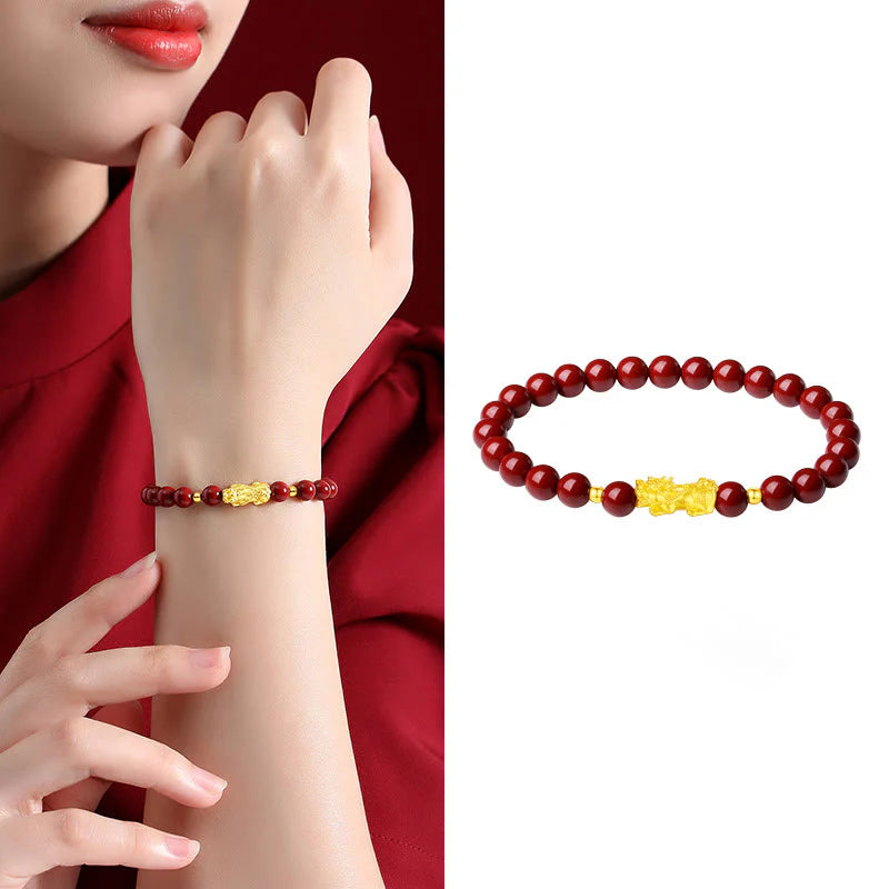 Buddha Stones 999 Gold 5D Hard Gold Cinnabar PiXiu Calm Bracelet