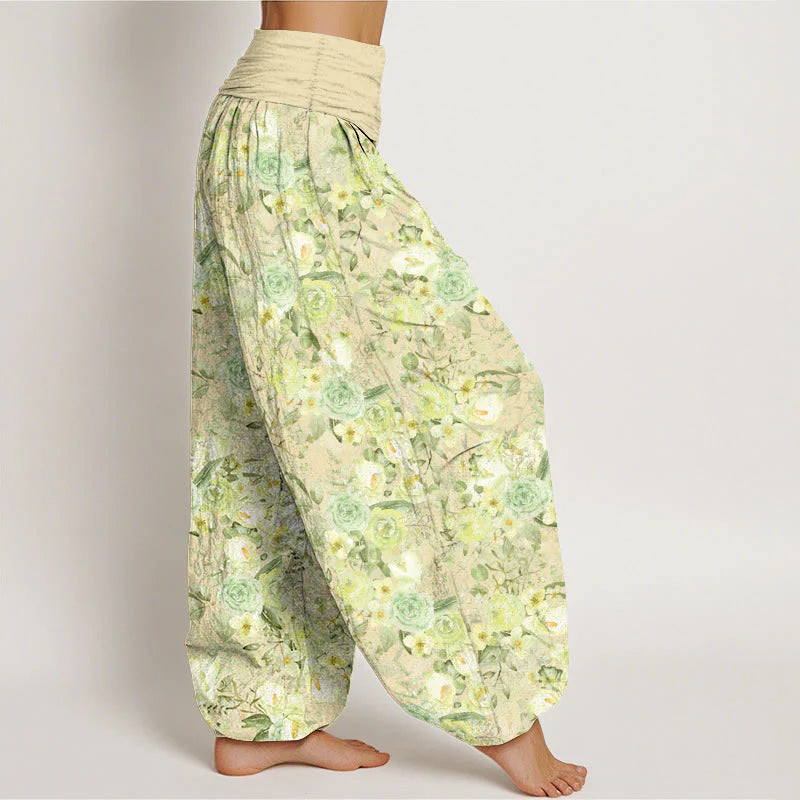 Buddha Stones Cotton Pastoral Flower Pattern Women's Elastic Waist Harem Pants